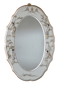 Cream Lacquer mirror with Mother of Pearl Figurines