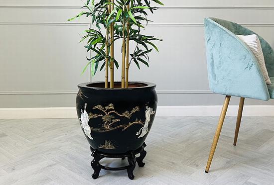 black hand painted Chinese plant pot